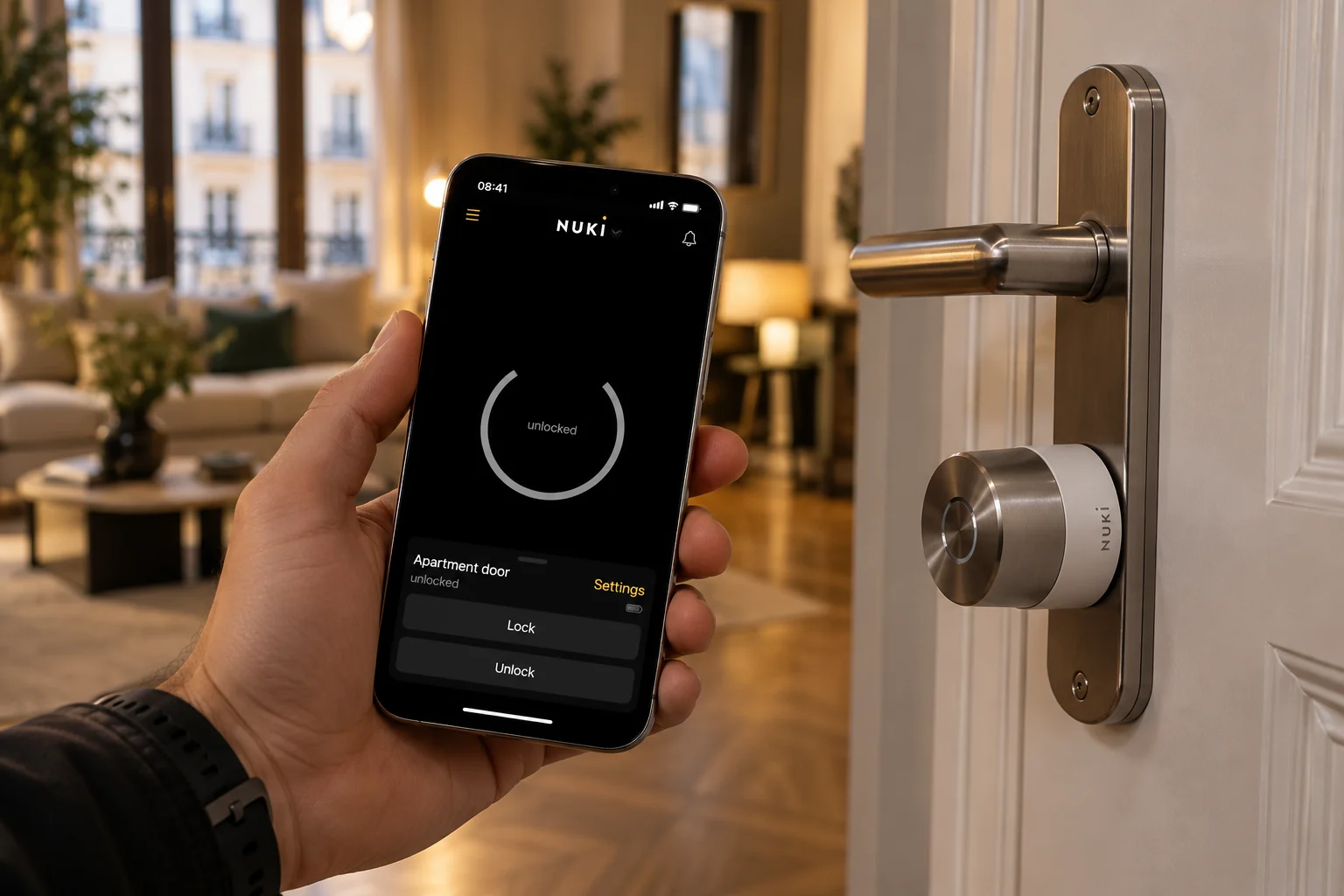 Illustration d’un téléphone affichant l’application Nuki à côté d’une serrure connectée sur une porte